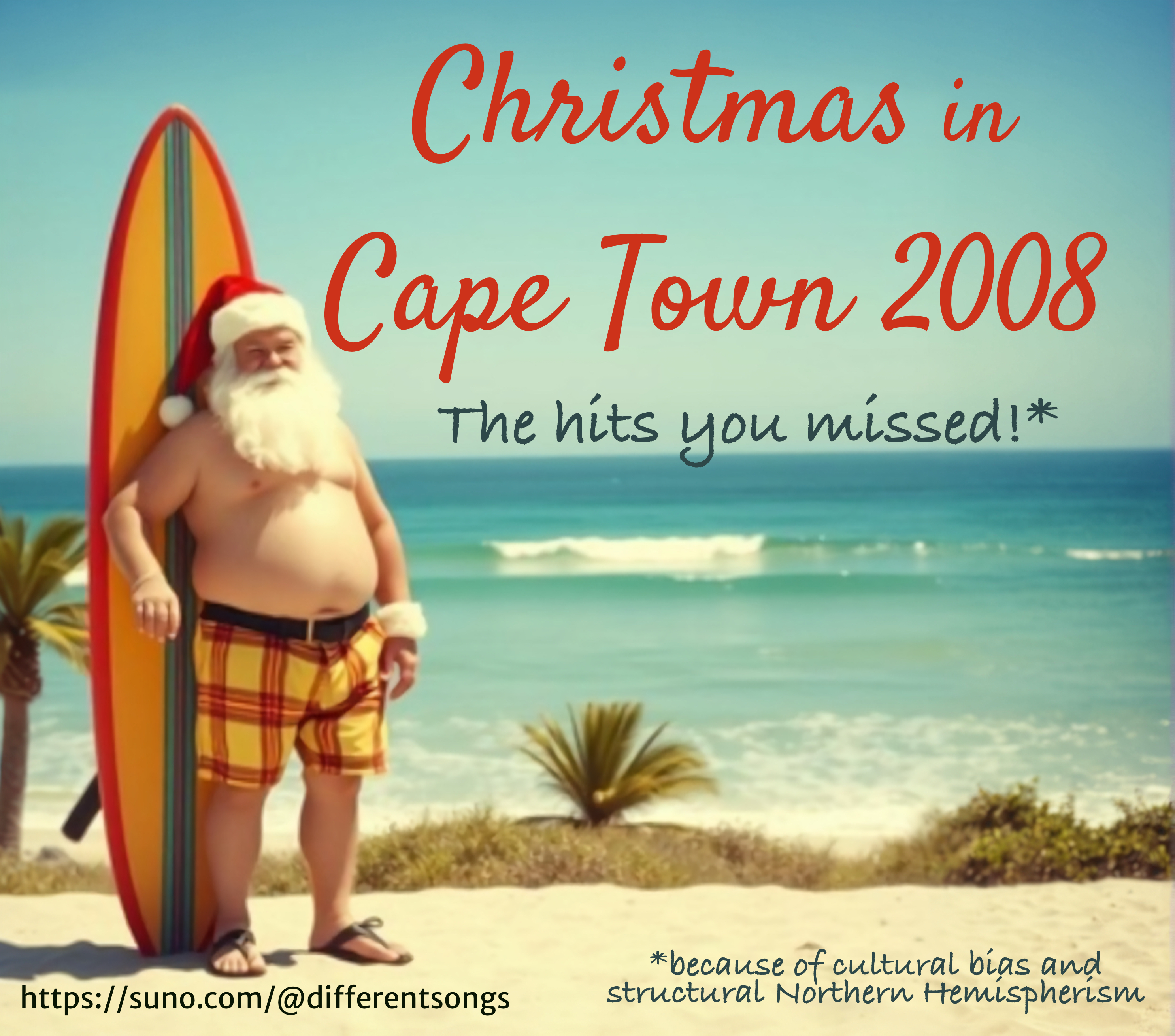 The album cover for Christmas in Cape Town 2008, with Santa in shorts on Cape Town Beach